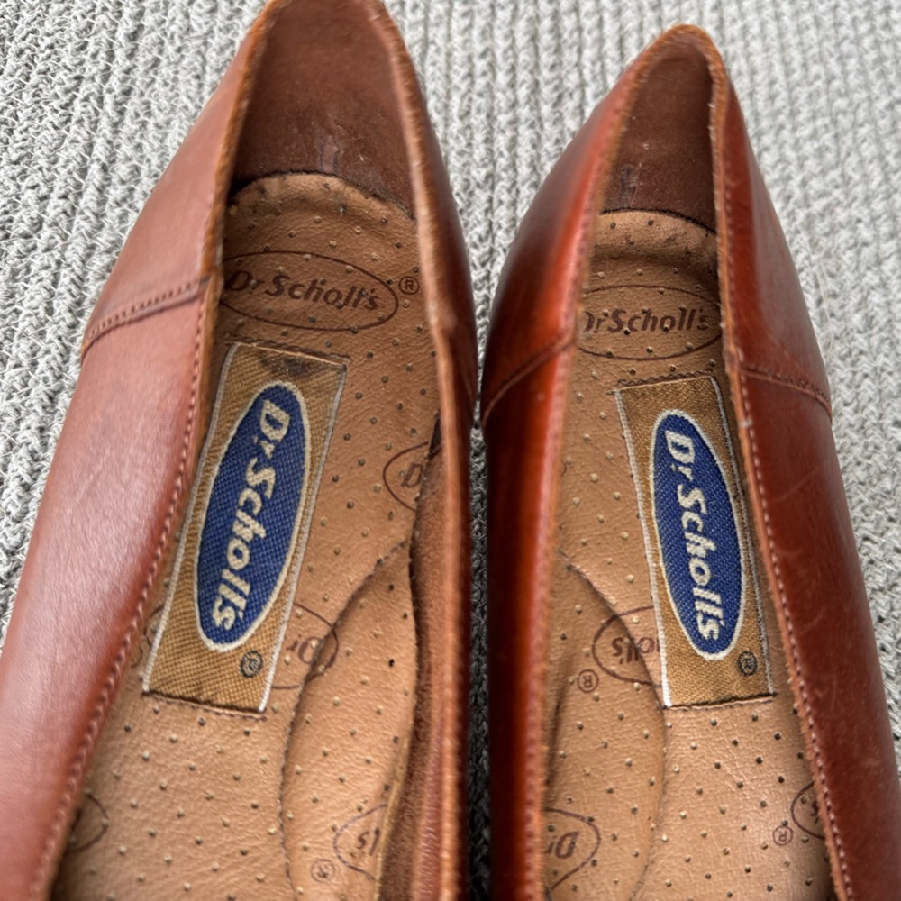 Vintage Dr. Scholls Cognac Brown Woven Leather Peep Toe Kitten Heels Dress Shoes - Picture 4 of 10